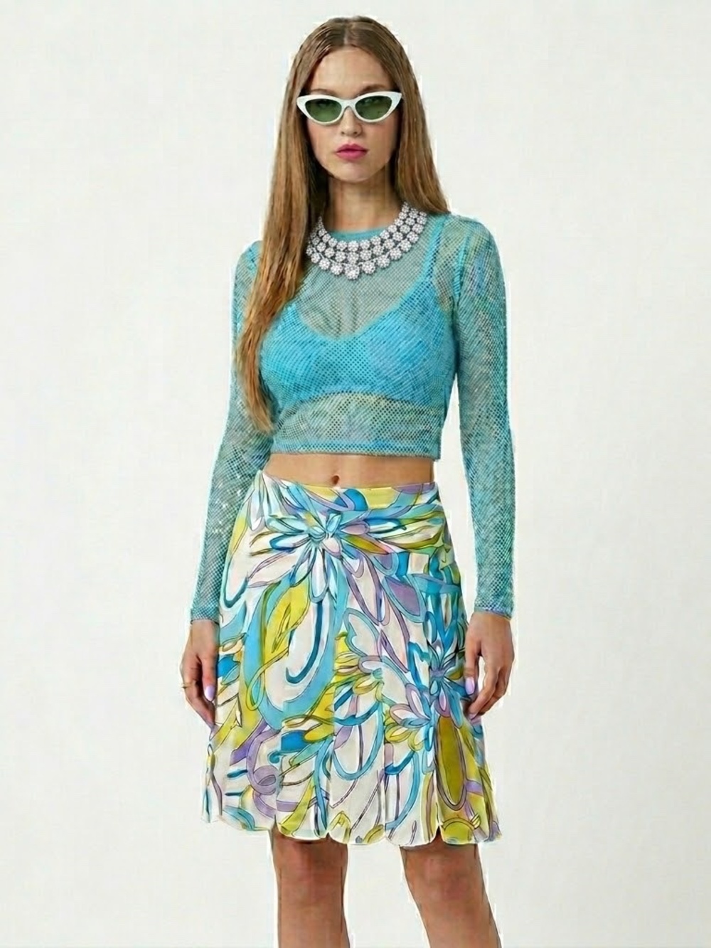 Essential G Carwash Hem Silk Skirt Pucci Style Mod Turquoise Violet Lined Sz 6P